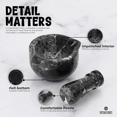 Набір мармурового ступки та пестика, 7,6 см, чорний, ручної роботи, для кухні, спецій, трав, дрібного помелу