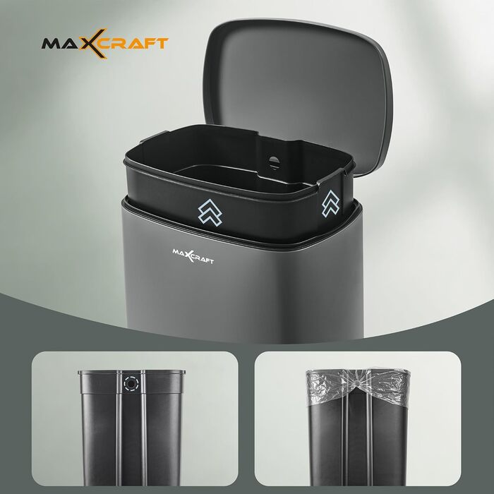 Сталевий відро для сміття з педаллю, 50 літрів, з внутрішнім відром з пластику, з м'яким закриттям, для кухні, ванної кімнати або офісу, сірий колір