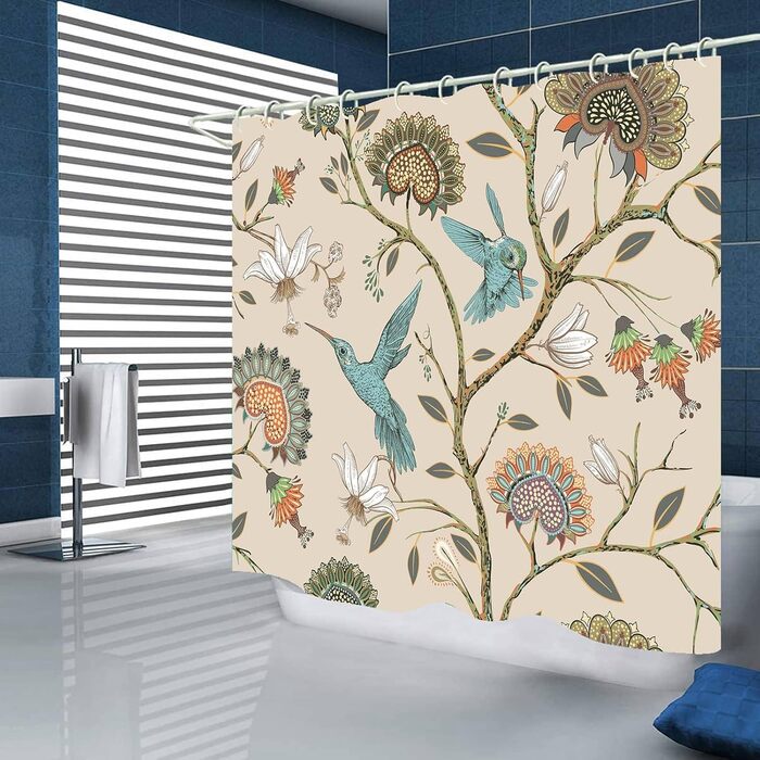Штора для душу 180x180 см з квітами, антигрибкова, водонепроникна, поліестер, з 12 кільцями (Циан, великий птах)