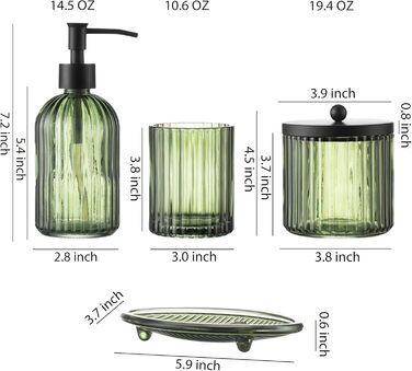 4-Piece Heavy Glass Bathroom Accessory Set with Decorative Embossed Pattern – Includes Hand Soap Dispenser, Tumbler, Soap Dish, and Toothbrush Holder (Green)
