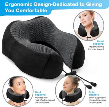 Подушка для шиї в літак, доросла, Memory Foam, регульована, компактна, з навушниками, маскою для сну та чохлом (чорна)