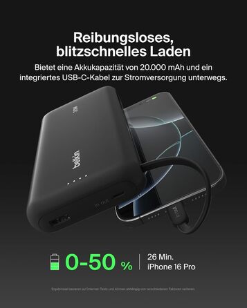 Зовнішній акумулятор Belkin Portable Powerbank 20000 mAh 30W з вбудованим кабелем USB-C PD для iPhone 16, iPad Pro, Samsung Galaxy S25, чорний