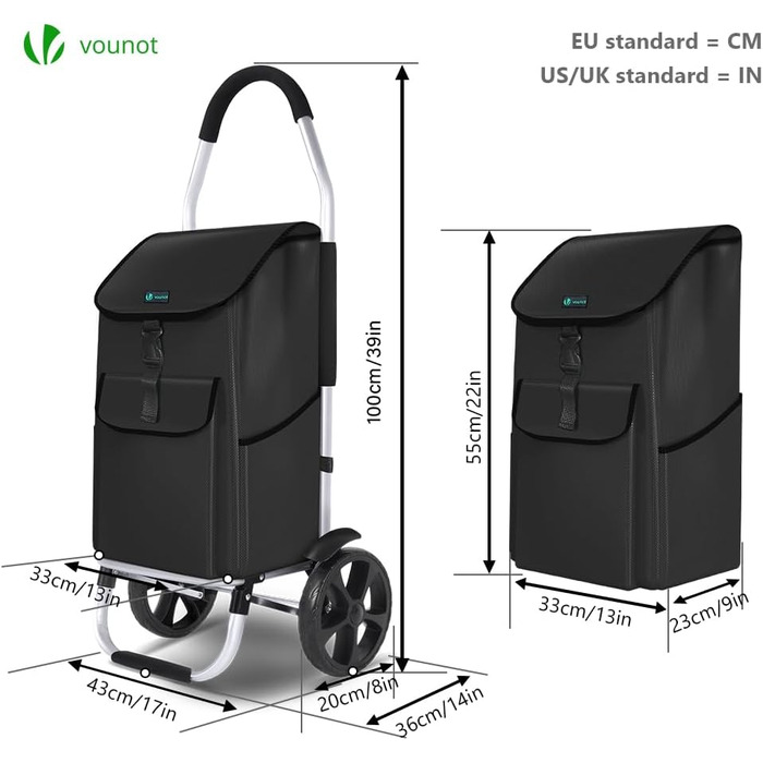 Складна алюмінієва господарська сумка VOUNOT 45 л, водонепроникна, чорна, великі колеса з бризковиками, візок для покупок, для сходів