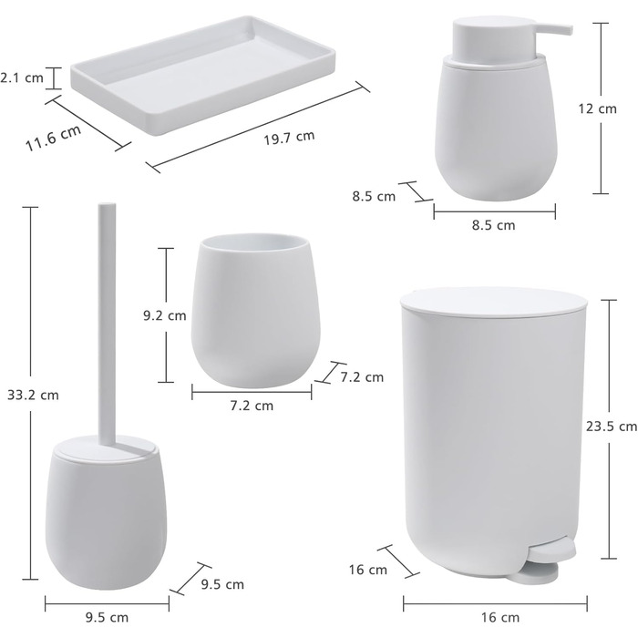 Набір для ванної кімнати AJEUNGAIN Grey, сучасний, 5 предметів: відро для сміття, тримач для туалетного йоржика, дозатор мила, стакан для зубної щітки та піднос