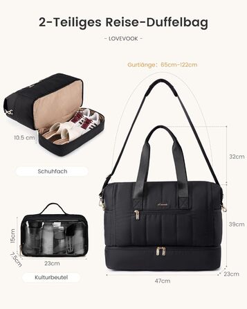 Сумка-рюкзак LOVEVOOK для жінок, велика дорожня сумка-рюкзак з відділенням для взуття та мокрих речей, 40L, 2 шт., чорний