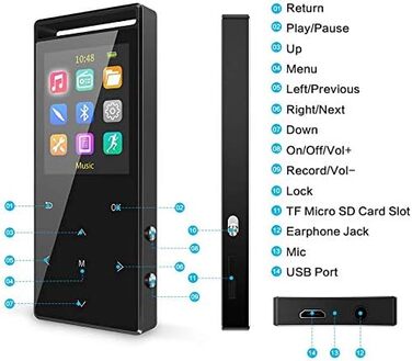 MP3-плеєр 64GB MUSRUN з Bluetooth, HiFi, AUX-запис, FM-радіо, чорний матовий