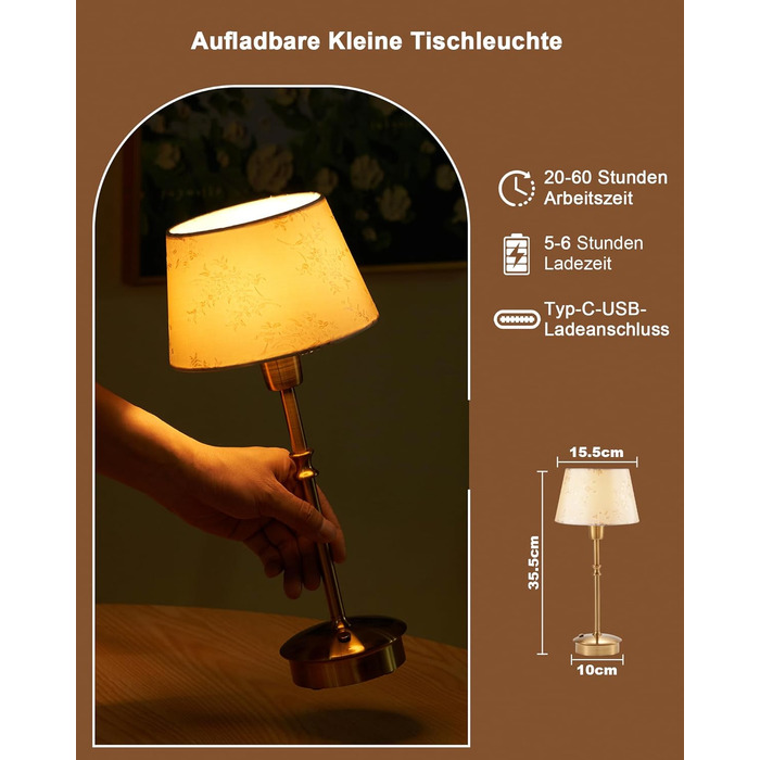 Настільна лампа OCEST на акумуляторі, сенсорне керування, регульована яскравість, для дому, кухні, тераси, їдальні (античне латунь-лінолеум), плафон з шовку 35,5 см