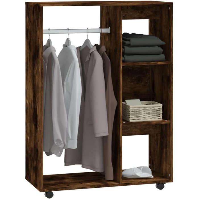 vidaXL Wardrobe with Open Shelf, 3 Side Shelves, Wheels, Coat Rack, Wardrobe, Bedroom, White, 80x40x110cm, Wood-Based Material (Smoked Oak)