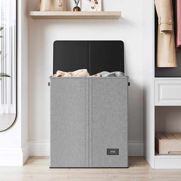 SOLEDI 145L Laundry Basket, Laundry Hamper with 2 Compartments and Lid and 2 Laundry Bags - Laundry Sorter Large XXXL For Bathroom, Bedroom, Laundry Room, Children's Room - 2 x 72.5L Grey