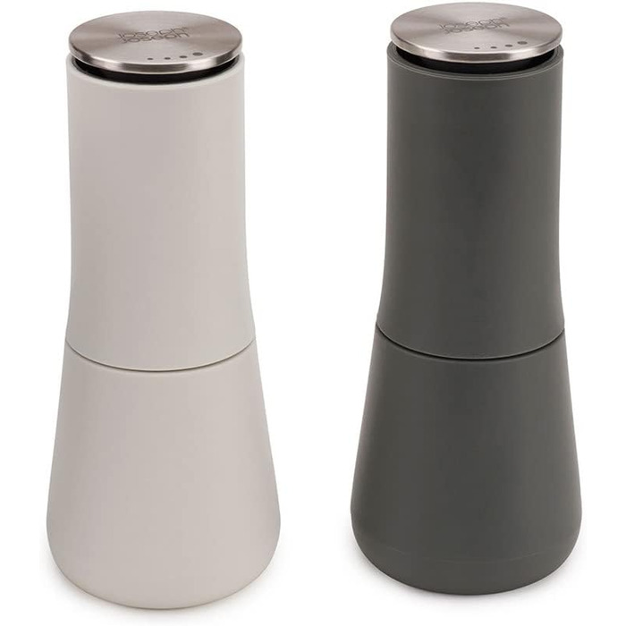 Joseph Joseph Milltop – Leak-Proof Salt and Pepper Grinder Set, Refillable with Ceramic Grinder - White/Gray