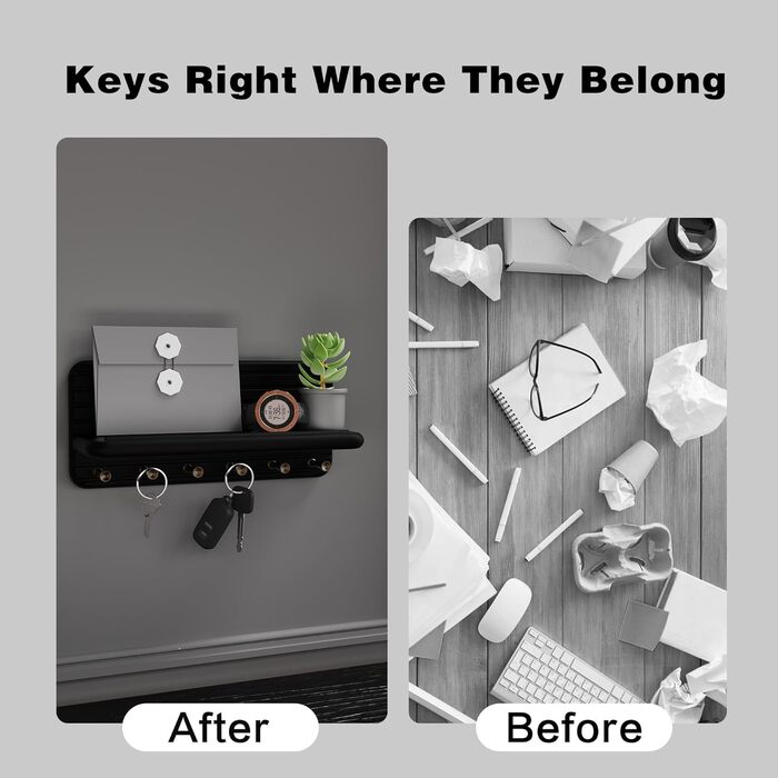 Дерев'яне ключниця з полицею та 6 гачками, ключниця на стіну для прихожей, кухні (чорний)