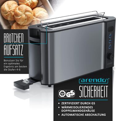 Arendo 2-Slice Toaster with Roll Holder - Long Slot Toaster - LCD Display with Remaining Time Display, Defrost Function, Bread Centering, Crumb Tray - Material Stainless Steel, Cool Grey A: Cool Grey