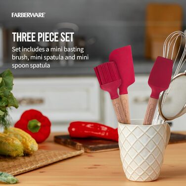 Farberware Wooden Baking Set, including mini baking brush, slotted spatula, perfect for sweet and savory dishes, 3-piece set, red