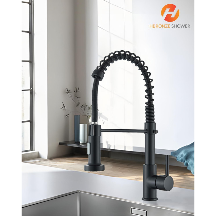 Кухвонний змішувач Hbronzeshower з висувною лійкою, 360° поворот, нержавіюча сталь, чорний