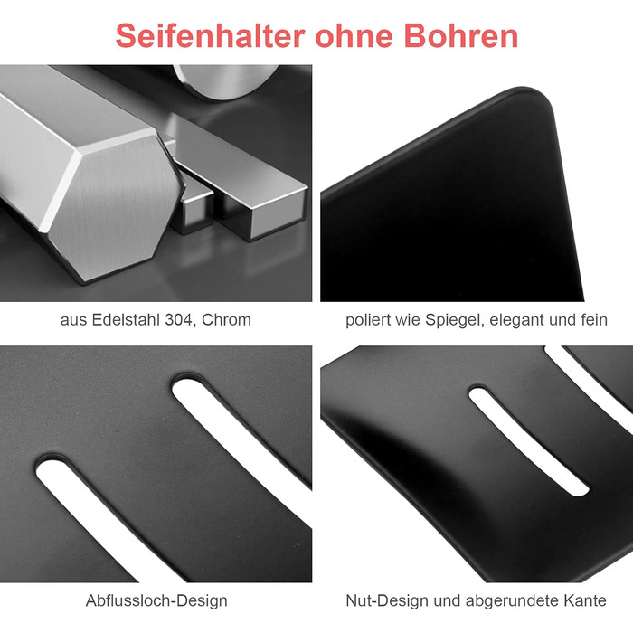Тримач для мила без свердління, нержавіюча сталь, самоклеючий, кошик для мила, мильниця, кріплення на стіну для губок, щіток, мила, мильниця на стіну з 3M клейкою подушечкою для ванної кімнати, кухні, балкону (Чорний)