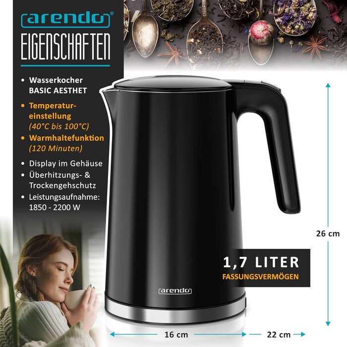 Електричний чайник Arendo з регулюванням температури, нержавіюча сталь, подвійні стінки Cool Touch, дисплей, бездротовий, 2200 Вт, 1,7 л, захист від перегріву, функція підтримання тепла, чорний