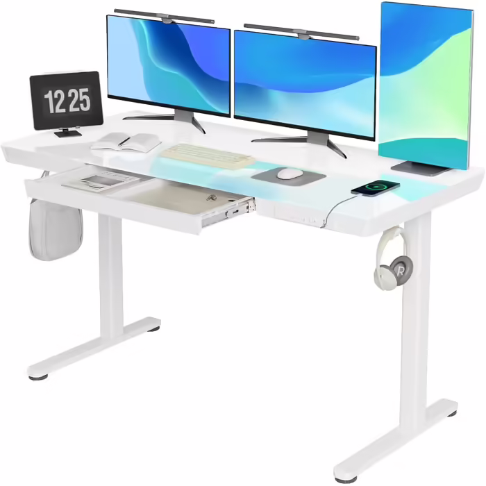 Claiks Adjustable Desk, Height Adjustable Electric Desk, Electric Desk with Glass Top, Standing Height Adjustable Desk, White 140 x 60 cm White