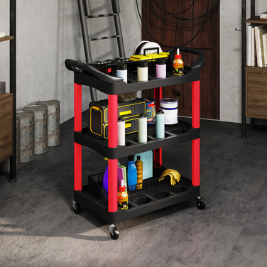HOMCOM 3-Tier Workshop Utility Cart, Tool Cart with Handle, Hook Holes for Tools, Assembly Cart for Garage, Warehouse, Maximum Load Capacity 91 kg, Red+Black | Aosom
