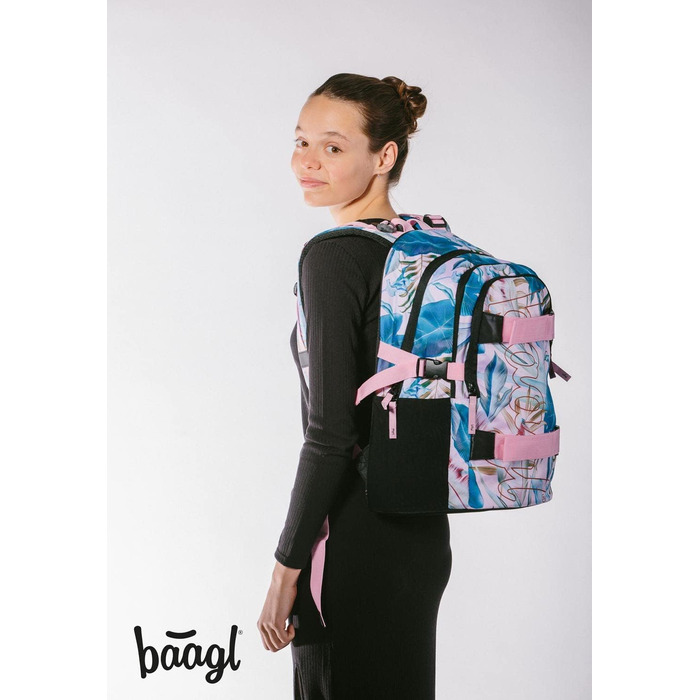 Шкільний рюкзак Baagl для хлопчиків та дівчаток - рюкзак на скейтборді з відділенням для ноутбука та нагрудним ременем, для школи, старшої школи, середньої школи, принт Skate Leafs