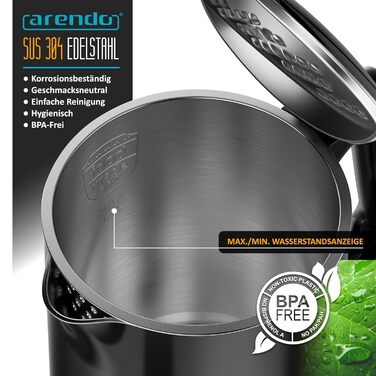 Електричний чайник Arendo з регулюванням температури, нержавіюча сталь, подвійні стінки Cool Touch, дисплей, бездротовий, 2200 Вт, 1,7 л, захист від перегріву, функція підтримки тепла, чорний