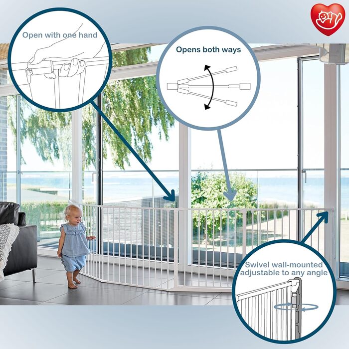 BabyDan Flex XXL – захисне бар'єр для каміну та сходів, перегородка для кімнати, білий, 90-350 см, Данія