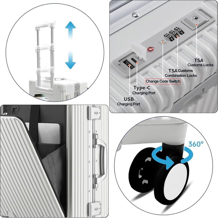 Чемодан ручної поклажі 56 см, 20 дюймів, з алюмінієвим каркасом, PC корпус, 4 колеса, TSA замок, USB-порт, тримач для напоїв, білий