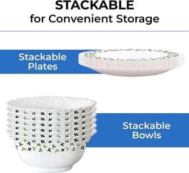 Набір посуду Larah, 35 предметів: тарілки, миски, кришки, ложки, сервіз на 6 осіб, о pal, міцний, легкий, для мікрохвильовки та посудомийної машини, білий з зеленими квітами