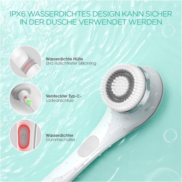 VOYOR Back Brush Shower Brush Body Brush Electric Back Brush Long Handle Waterproof Rechargeable with 4 Cleaning Heads for Spa Shower Exfoliating Massage Brush BC100 (Gray)