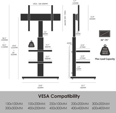 Підставка для телевізора FITUEYES: регульована, поворотна, для телевізорів 32-75 дюймів (до 40 кг, VESA 600x400)