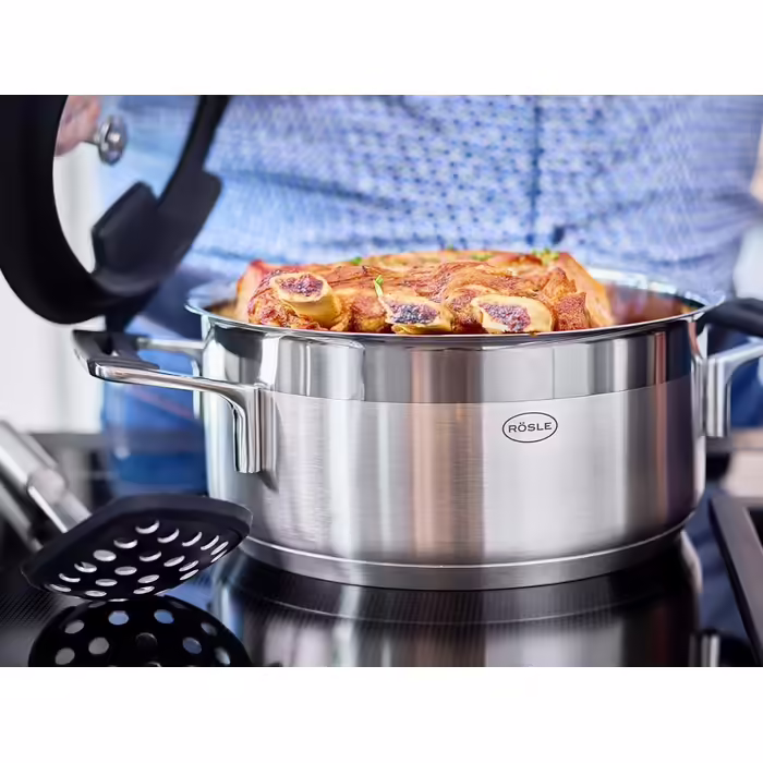 RÖSLE SILENCE PRO Cooking Pot, High-quality universal pot made of stainless steel 18/10, 24 cm, glass lid, internal scale, induction-compatible, dishwasher-safe, Silver/Black Ø 24 cm Cooking Pot