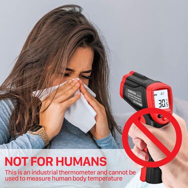 Інфрачервоний термометр Eventek -50°C до 600°C з лазером та LCD дисплеєм. Безконтактний термометр для піци, гриля, кухні та промисловості. Регульований коефіцієнт випромінювання (Не для людей). Червоний, діапазон -50°C ~ 500°C