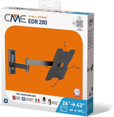 Настінний кронштейн для ТБ Meliconi CME ER 200 (чорний), поворотний та нахильний, VESA 50-200, для телевізорів 26