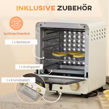 HOMCOM 15L Mini Oven with Convection 1000W 60-230°C, 1 Hour Timer, Pizza Oven including Baking Tray & Crumb Tray, cream white
