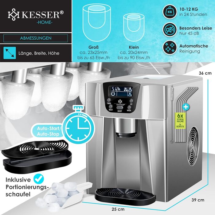 Машина для приготування льоду KESSER® з нержавіючої сталі, 100W, 12 кг/24 год, 2 розміри кубиків, 2 л бак, таймер, LCD-дисплей, з аксесуарами (сріблястий)
