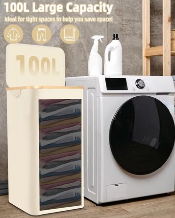 Laundry Basket with Lid 100L, Laundry Box with Bamboo Handles and Inner Pocket, Bamboo Laundry Collector, Large Capacity, Laundry Baskets, Foldable Laundry Baskets for Laundry Room, Bedroom, Bathroom (Beige)