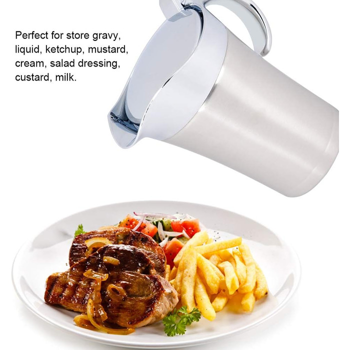 Thermo Sauce Pot made of 304 Stainless Steel, Double-Walled, Insulated Sauce Pot with Lid, Serving Jug, Bucket with Drip-Free Spout for Juice, Tomato Sauce, Kitchen Accessories (Large 750ml)