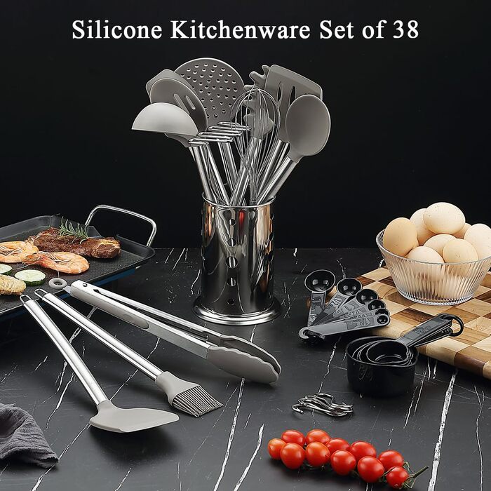 Kitchen Utensil Set, Kyraton 38-Piece Non-Stick Silicone Cooking Utensils Set, Spoon Spatula Set with Sturdy Stainless Steel Utensil Holder, Dishwasher Safe