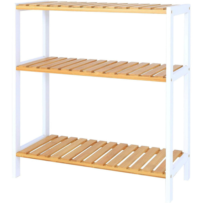 dibea Shoe Rack with 3 Shelves, Shoe Cabinet, Bathroom Shelf, Living Room Shelf, Standing Shelf, Bamboo Shelf, Bathroom Shelf, Bookshelf, Kitchen Shelf, 60x26x66 cm, natural/white