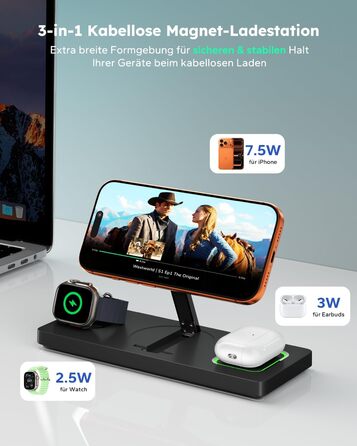 MagSafe зарядна станція 3-в-1 для iPhone, Apple Watch та AirPods (20W адаптер) - Чорна, складна індуктивна зарядка MagSafe сумісна з iPhone 17/16/15/14/13/12