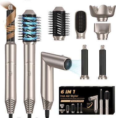 UKLISS 6-в-1 Airstyler: Фен-щітка, локони, укладка, іонізація 60 000 U/min, золотий