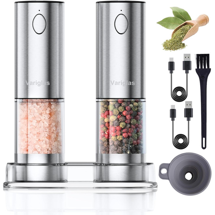 Variglas Salt and Pepper Mills Electric 2-Piece Set with USB Rechargeable, Improved Large Capacity Electric Spice Grinder, Adjustable Coarseness, LED Light (01S)