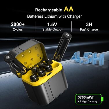 SURFOU Акумулятори Li-ion 4 AA + 4 AAA з зарядним пристроєм, 1300 мАг, висока ємність 1.5V, з інтегрованою коробкою для зберігання, 1600+ циклів, 8-зарядний пристрій з 4 AA 3700 мАг та 4 AAA 1300 мАг