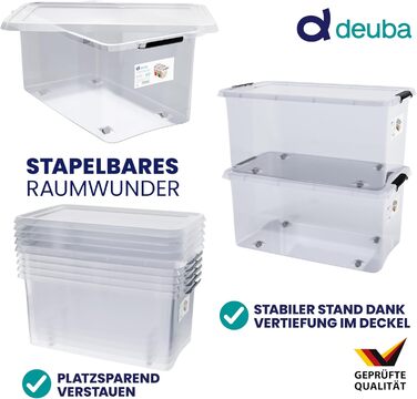Deuba® Storage Boxes 6 x 60L with Lid and Wheels, Stackable, Transparent BPA-Free Plastic, Click Closure, RB60 for Office, Garage, Laundry Room