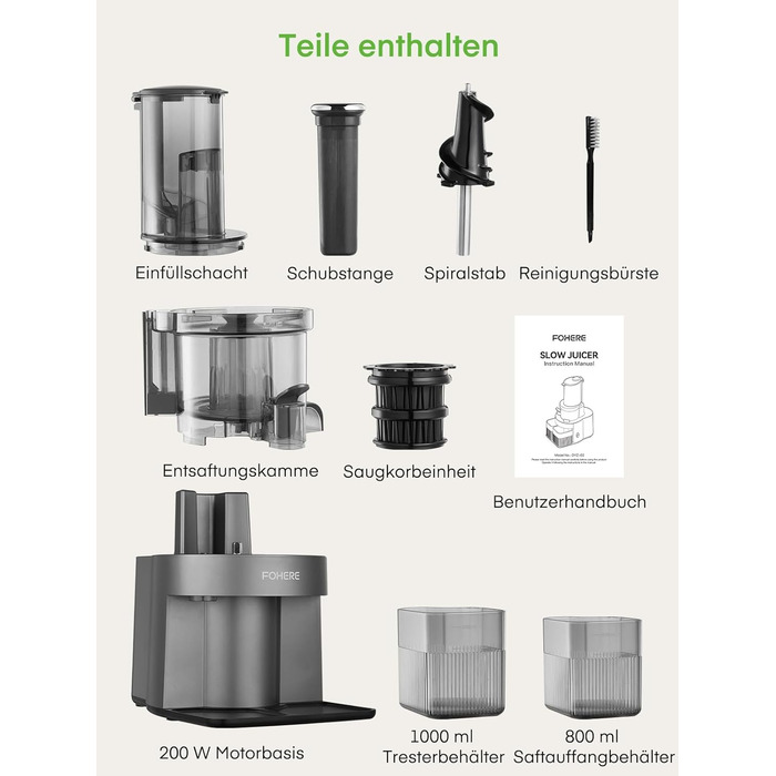 FOHERE Slow Juicer, Vegetable and Fruit Extractor, 119MM Opening, Electric Cold Press with Quiet 200 Watt Motor, Easy to Clean with Double-Layer Filter and Reverse Function