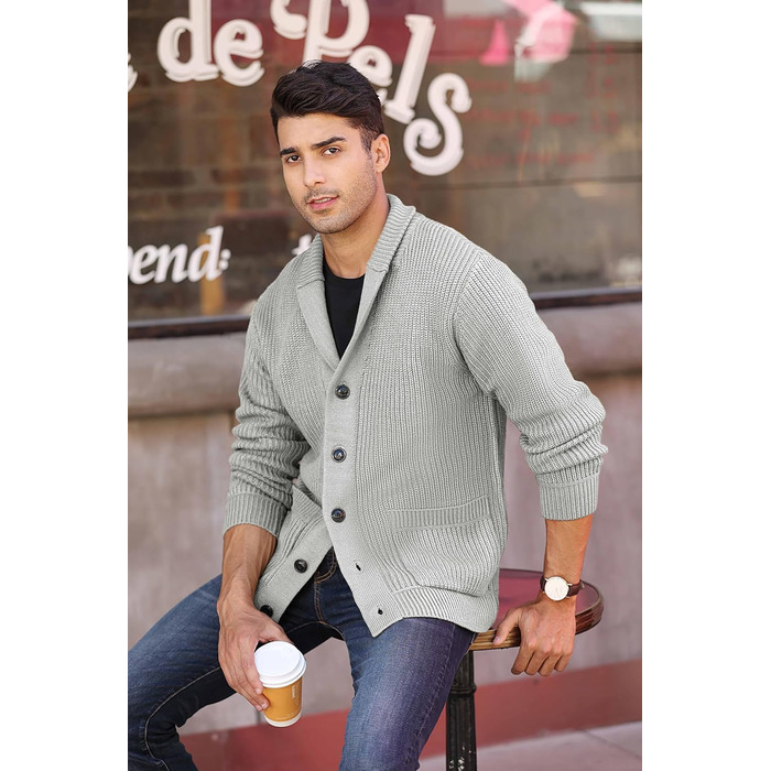 Чоловічий кардиган Runcati з грубого в'язання, з коміром-стійкою, з довгими рукавами, на ґудзиках, сірий, XL