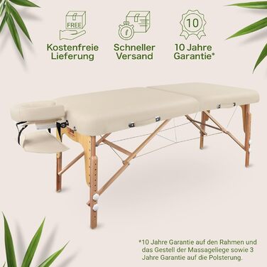 Масажне ліжко MASSUNDA Deluxe – мобільне, складне, регульоване по висоті. Широке дерев'яне ліжко для масажу з ергономічною підголовником, чохлом, підлокітниками та подушкою (кремовий)