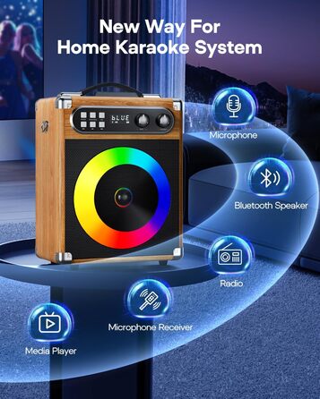 Портативна караоке-система з 2 бездротовими мікрофонами та акумуляторами, 20W, дерев'яний корпус