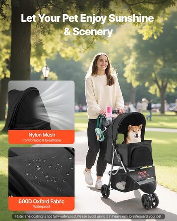 VEVOR 3-Wheel Pet Stroller - Dog & Cat Buggy, 16kg Capacity, Foldable with Cup Holders & Brakes