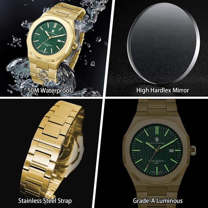 Годинник SAPPHERO для чоловіків: класичні кварцові годинники з нержавіючої сталі, водостійкі 50M, з календарем, зелене циферблат, золотий браслет. Елегантний подарунок для чоловіків.