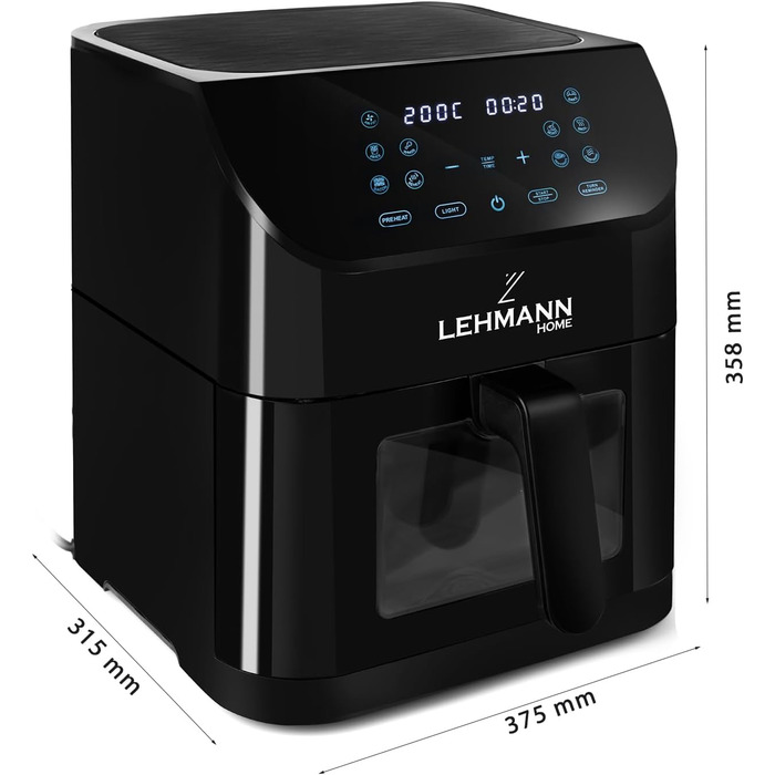 Фритюрниця повітряна LEHMANN з 2 камерами, 2400 Вт, AirFryer XXL, 12 програм, до 200°C, WiFi, 8л, чорний колір, з оглядовим вікном